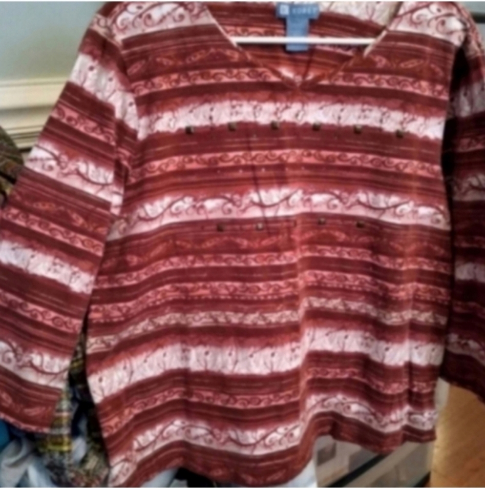 Koret Blouse Women's Blouse XL Brown Tan Pink W Pink Rhinestones Fall Office